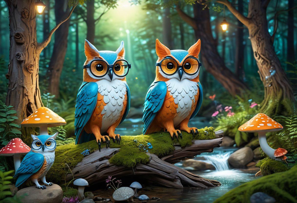 A vibrant, magical forest filled with anthropomorphic animals engaging in playful activities, showcasing various artistic styles of animation. Include characters like a wise owl with glasses, a mischievous fox in a cape, and a sleek wolf with a futuristic gadget. The atmosphere should be dreamlike and colorful, with whimsical elements like glowing mushrooms and sparkling streams. Emphasize a sense of adventure and creativity that resonates with adult themes. 3D. vibrant colors. fantasy art.