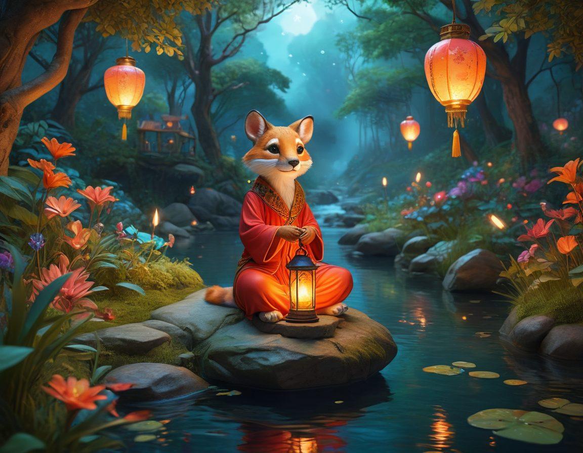 A whimsical scene depicting an anthro character immersed in a magical world, surrounded by vibrant landscapes filled with enchanting forests, sparkling rivers, and colorful creatures. The character exhibits a blend of fantasy and desire, showcasing expressive features and unique attire, depicting the essence of anthro animation. Incorporate dreamlike elements like floating lanterns and ethereal lights to enhance the fantasy atmosphere. vivid colors. surreal style. 3D.
